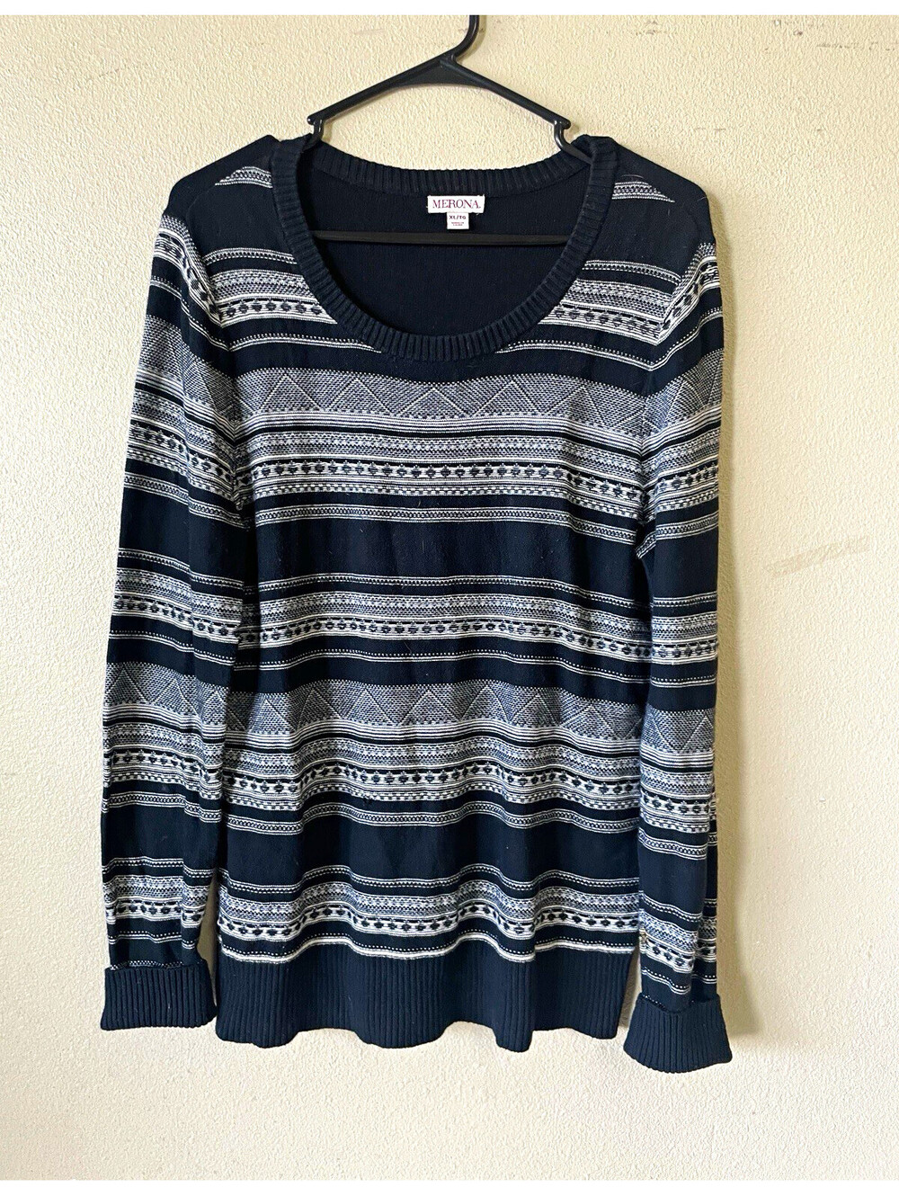 Merona sweater women XL black white striped scoop neck long sleeve knit